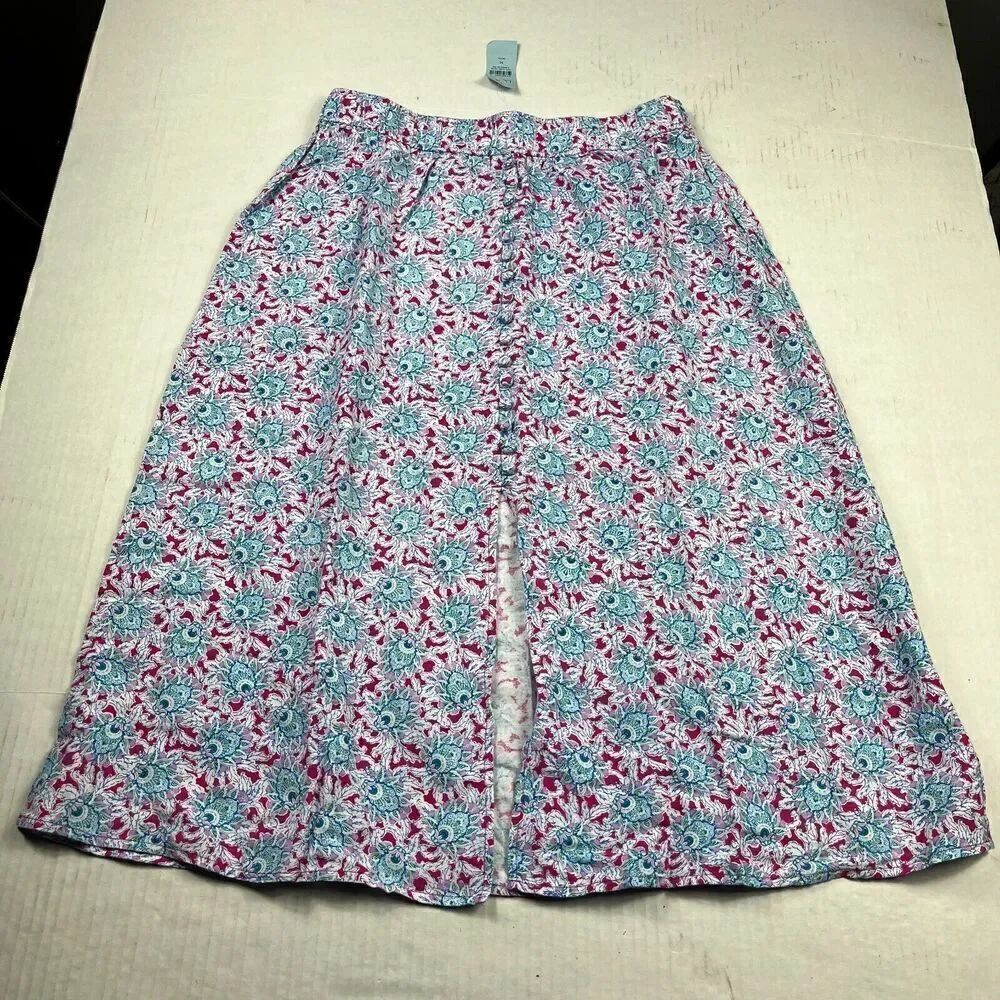 LOFT Linen Blend Midi Skirt Floral Slit Button Front Work Casual PM Petite NEW